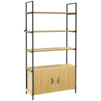 HOMCOM 4-Tier Bookshelf with Double Door Cabinet, Industrial Bookcase, Shelving Unit with Open Shelves and Metal Frame for Living Room, Oak(m-2)