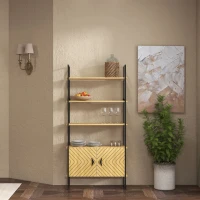 HOMCOM 4-Tier Bookshelf with Double Door Cabinet, Industrial Bookcase, Shelving Unit with Open Shelves and Metal Frame for Living Room, Oak(m-9)