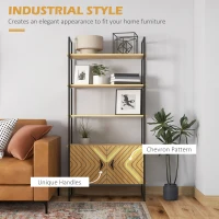 HOMCOM 4-Tier Bookshelf with Double Door Cabinet, Industrial Bookcase, Shelving Unit with Open Shelves and Metal Frame for Living Room, Oak(m-4)