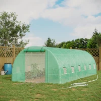 Outsunny 26' x 10' x 6.6' Walk-in Tunnel Hoop Greenhouse, PE Cover, Steel Frame, Roll-Up Zipper Door & 12 Mesh Windows for Flowers, Vegetables, Tropical Plants, Green(m-2)