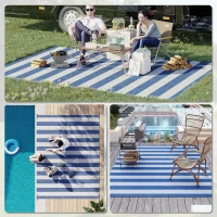 Outsunny Reversible Outdoor Rug Carpet, 9' x 12' Waterproof Plastic Straw Rug, Portable RV Camping Rugs with Carry Bag, Large Floor Mat for Backyard, Deck, Picnic, Beach, Blue & White Striped(m-5)
