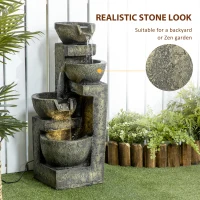 Outsunny Small Outdoor Fountain with 4-Tier Stone Bowls, Adjustable Waterfall Flow & LED Lights, Perfect for Patio & Zen Garden, Gray(m-4)