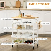 HOMCOM Kitchen Island with Storage, Bar Cart with 6-Bottle Wine Rack, Kitchen Cart with Natural Wood Top, 4 Drawers, 2 Removable Tray for Dining Room, Living Room, White(m-4)
