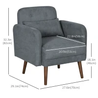 HOMCOM Armchair, Fabric Accent Chair, Modern Living Room Chair with Wood Legs and Throw Cushions for Bedroom, Grey(m-3)