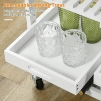 HOMCOM Kitchen Island with Storage, Bar Cart with 6-Bottle Wine Rack, Kitchen Cart with Natural Wood Top, 4 Drawers, 2 Removable Tray for Dining Room, Living Room, White(m-6)