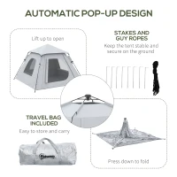 Outsunny 3-4 Person Automatic Camping Tent w/ Porch, Pop Up Tent, Portable Backpacking Shelter with Mesh Windows, Zipped Door, Floor, Hang Hook & Portable Carry Bag, Silver(m-4)
