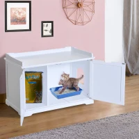 PawHut 2-in-1 Covered Cat Litter Box Washroom Storage Hideaway Cabinet Bench Home Decor, White(m-1)
