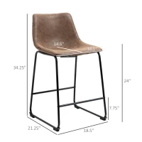 HOMCOM Counter Height Bar Stools, Vintage PU Leather Barstools with Footrest for Dining Room, Home Bar, Kitchen, Set of 2, Brown(m-3)