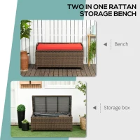 Outsunny 34 Gallon Outdoor Wicker Storage Bench Deck Box, PE Rattan Patio Furniture Pool Storage Bin Container with Interior Waterproof Cloth Bag and Comfortable Cushion, Red(m-4)