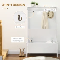 HOMCOM Modern Hall Tree, Shoe Bench with Hidden Storage Space, 4 Hooks and Top Shelf, Freestanding Coat Rack Stand for Entryway, White(m-4)