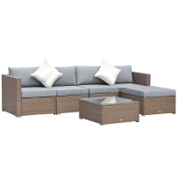 Outsunny 6 Piece Patio Furniture Set Outdoor Wicker Conversation Set All Weather PE Rattan Sectional Sofa Set with Ottoman, Cushions and Tempered Glass Table, Mixed Yellow and Light Gray(m-1)