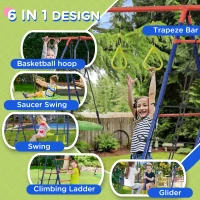 Outsunny 6 In 1 Swing Set for Kids Outdoor, Metal Swing Frame with Saucer Swing, Climbing Frame, Glider, Trapeze Bar, Basketball Hoop(m-4)