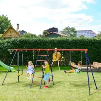 Outsunny 6 In 1 Swing Set for Kids Outdoor, Metal Swing Frame with Saucer Swing, Climbing Frame, Glider, Trapeze Bar, Basketball Hoop(m-1)