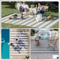 Outsunny Reversible Outdoor Rug, 9' x 12' Waterproof Plastic Straw Floor Mat, Portable RV Camping Carpet, Large Floor Mat for Backyard, Deck, Picnic, Beach, Gray & White Striped(m-5)