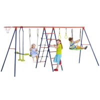 Outsunny 6 In 1 Swing Set for Kids Outdoor, Metal Swing Frame with Saucer Swing, Climbing Frame, Glider, Trapeze Bar, Basketball Hoop(m-2)