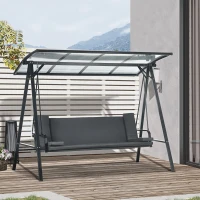 Outsunny 3-Seat Patio Swing Chair, Convertible Swing Hammock Bed with Cushions, Adjustable Polycarbonate Canopy Sunshade Roof for Porch, Garden, Backyard, Gray(m-2)
