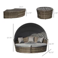Outsunny 4-Piece Round Convertible Daybed with Cushions, Outdoor PE Rattan Patio Wicker Sofa Set, Sunbed with Adjustable Sun Canopy, Sectional Sofa, 2 Chairs, Table, 3 Pillows, Gray(m-3)