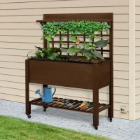 Outsunny 41" Raised Garden Bed Mobile Elevated Wooden Planter Box Stand with Wheels, Trellis and Storage Shelf, Dark Brown(m-2)