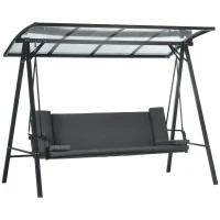 Outsunny 3-Seat Patio Swing Chair, Convertible Swing Hammock Bed with Cushions, Adjustable Polycarbonate Canopy Sunshade Roof for Porch, Garden, Backyard, Gray(m-1)