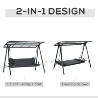 Outsunny 3-Seat Patio Swing Chair, Convertible Swing Hammock Bed with Cushions, Adjustable Polycarbonate Canopy Sunshade Roof for Porch, Garden, Backyard, Gray(m-4)