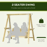 Outsunny 2-Seat orch Swing with Stand, Wooden Patio Swing Chair with Side Tables and Metal Chains, Outdoor Hanging Bench for Garden, Poolside, Backyard, Natural Wood(m-4)