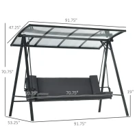 Outsunny 3-Seat Patio Swing Chair, Convertible Swing Hammock Bed with Cushions, Adjustable Polycarbonate Canopy Sunshade Roof for Porch, Garden, Backyard, Gray(m-3)