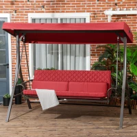 Outsunny 3 Person Porch Swing Bed, Outdoor Patio Swing Chair Bench Hammock with Adjustable Canopy, Cushions, Pillows for Porch and Backyard, Red(m-1)
