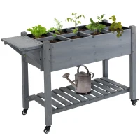Outsunny Raised Garden Bed Planter Box w/ 8 Grow Grids, Storage Shelf & Lockable Wheels(m-1)