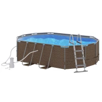 Outsunny 14' x 10' x 3' Above Ground Swimming Pool, Non-Inflatable Rectangular Steel Frame Pool with Filter Pump, Safety Ladder for 1-6 People, Brown(m-1)