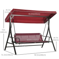Outsunny 3 Person Porch Swing Bed, Outdoor Patio Swing Chair Bench Hammock with Adjustable Canopy, Cushions, Pillows for Porch and Backyard, Red(m-3)