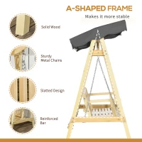 Outsunny Wooden Porch Swing Bench, 2-Seater Outdoor Swing Glider with Adjustable Canopy, Adjustable Hanging Chains, A-Frame, for Garden, Poolside, Backyard, Gray(m-5)