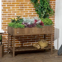 Outsunny Wooden Raised Garden Bed, Elevated Planter Box Stand with 8 Slots and Open Shelf, Dark Brown(m-2)