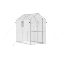 Outsunny 47.25" x 73.25" x 74.25" Walk-in Greenhouse, Outdoor Portable Plant Growing Area with Mesh Protected Roll-up Door & Window, 4 Shelves for Flowers, Herbs & Vegetables, White(m-1)