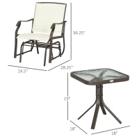 Outsunny 3 Piece Outdoor Glider Chair with Coffee Table Bistro Set, 2 Patio Rocking Swing Chairs with Breathable Sling Fabric, Glass Tabletop, for Backyard, Garden and Porch, Cream White(m-3)