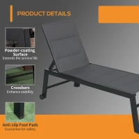Outsunny Outdoor Chaise Lounge with Wheels, Five Position Recliner for Sunbathing, Suntanning, Steel Frame, Breathable Fabric for Beach, Yard, Patio, Gray(m-7)