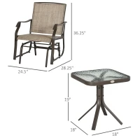 Outsunny 3 Piece Outdoor Glider Chair with Coffee Table Bistro Set, 2 Patio Rocking Swing Chairs with Breathable Sling Fabric, Glass Tabletop, for Backyard, Garden and Porch, Mixed Brown(m-3)