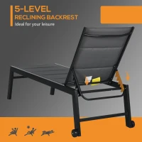 Outsunny Outdoor Chaise Lounge with Wheels, Five Position Recliner for Sunbathing, Suntanning, Steel Frame, Breathable Fabric for Beach, Yard, Patio, Gray(m-5)