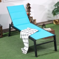 Outsunny Outdoor Chaise Lounge with Wheels, Five Position Recliner for Sunbathing, Suntanning, Steel Frame, Breathable Fabric for Beach, Yard, Patio, Blue(m-2)