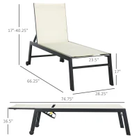 Outsunny Outdoor Chaise Lounge with Wheels, Five Position Recliner for Sunbathing, Suntanning, Steel Frame, Breathable Fabric for Beach, Yard, Patio, White(m-3)