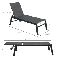 Outsunny Outdoor Chaise Lounge with Wheels, Five Position Recliner for Sunbathing, Suntanning, Steel Frame, Breathable Fabric for Beach, Yard, Patio, Gray(m-3)