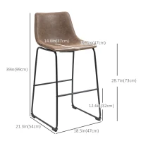HOMCOM Bar Height Bar Stools Set of 2, Vintage PU Leather Bar Chairs, Kitchen Stools with Footrest for Home Bar, Tan Brown(m-3)