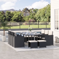 Outsunny 11 Pieces Wicker Patio Dining Set, Space-saving Outdoor Furniture Set with Removable Cushions, Glass Top Dining Table, 6 Armchairs, 4 Ottomans, PE Rattan Conversation Set