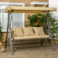 Outsunny 3-Seat Patio Swing Chair, Porch Swing Glider with Cushion, 3 Throw Pillows & Adjustable Canopy for Porch, Garden, Poolside, Backyard, Khaki(m-2)