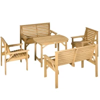 Outsunny 5 Piece Wooden Patio Dining Set for 6, Outdoor Conversation Set with 2 Armchairs, 2 Loveseats, and Dining Table with Umbrella Hole for Backyard, Garden, Light Brown(m-1)