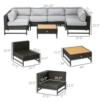 Outsunny 7 Piece Outdoor Patio Furniture Set with 4.75" Thick Cushions, Aluminum Frame Outdoor PE Rattan Wicker Sectional Sofa Set with Slat Wood Grain Plastic Top Coffee Table, Light Gray(m-3)