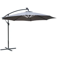 Outsunny 10ft Cantilever Solar Hanging Offset Umbrella Outdoor LED Lights Aluminum Market Banana Parasol Crank w/ Cross Base Garden Sun Shelter Grey(m-2)