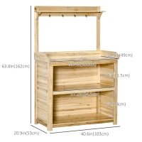 Outsunny Potting Bench Table, Wooden Garden Workstation Bench with Galvanized Metal Tabletop, Storage Shelves and Hooks for Patios, Courtyards, Balcony(m-3)