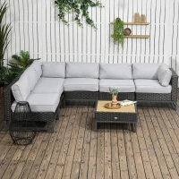 Outsunny 7 Piece Outdoor Patio Furniture Set with 4.75" Thick Cushions, Aluminum Frame Outdoor PE Rattan Wicker Sectional Sofa Set with Slat Wood Grain Plastic Top Coffee Table, Light Gray(m-2)