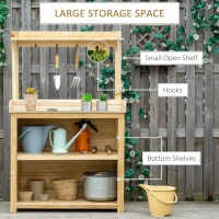 Outsunny Potting Bench Table, Wooden Garden Workstation Bench with Galvanized Metal Tabletop, Storage Shelves and Hooks for Patios, Courtyards, Balcony(m-5)