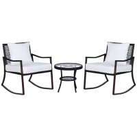 Outsunny 3 Pieces Patio Wicker Rocking Set, Outdoor PE Rattan Bistro Furniture Set with Soft Padded Cushions, Pillows and Round Glass Top Coffee Table for Patio, Backyard, Garden, White(m-2)